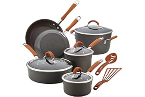 Rachael Ray Cucina Dishwasher Safe Hard Anodized Nonstick Cookware Pots and Pans Set, 12 Piece, Gray with Orange Handles