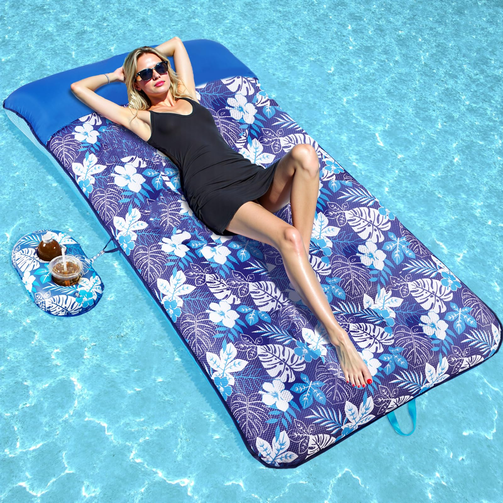 Photo 1 of WERNNSAI Oversize Pool Floats Lounge for Adults 74" x 37.4" Extra Large Inflatable Pool Raft with Cup Holder Headrest Fabric Covered Multi-Purpose Pool Floaties for Party Lake Beach