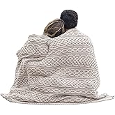 Aran Woollen Mills Carraig Donn Irish Cable Knit Blanket Celtic Throw - 100% Merino Wool Made in Ireland 40"x 55" (102 x 140 cm) (White/Wicker)
