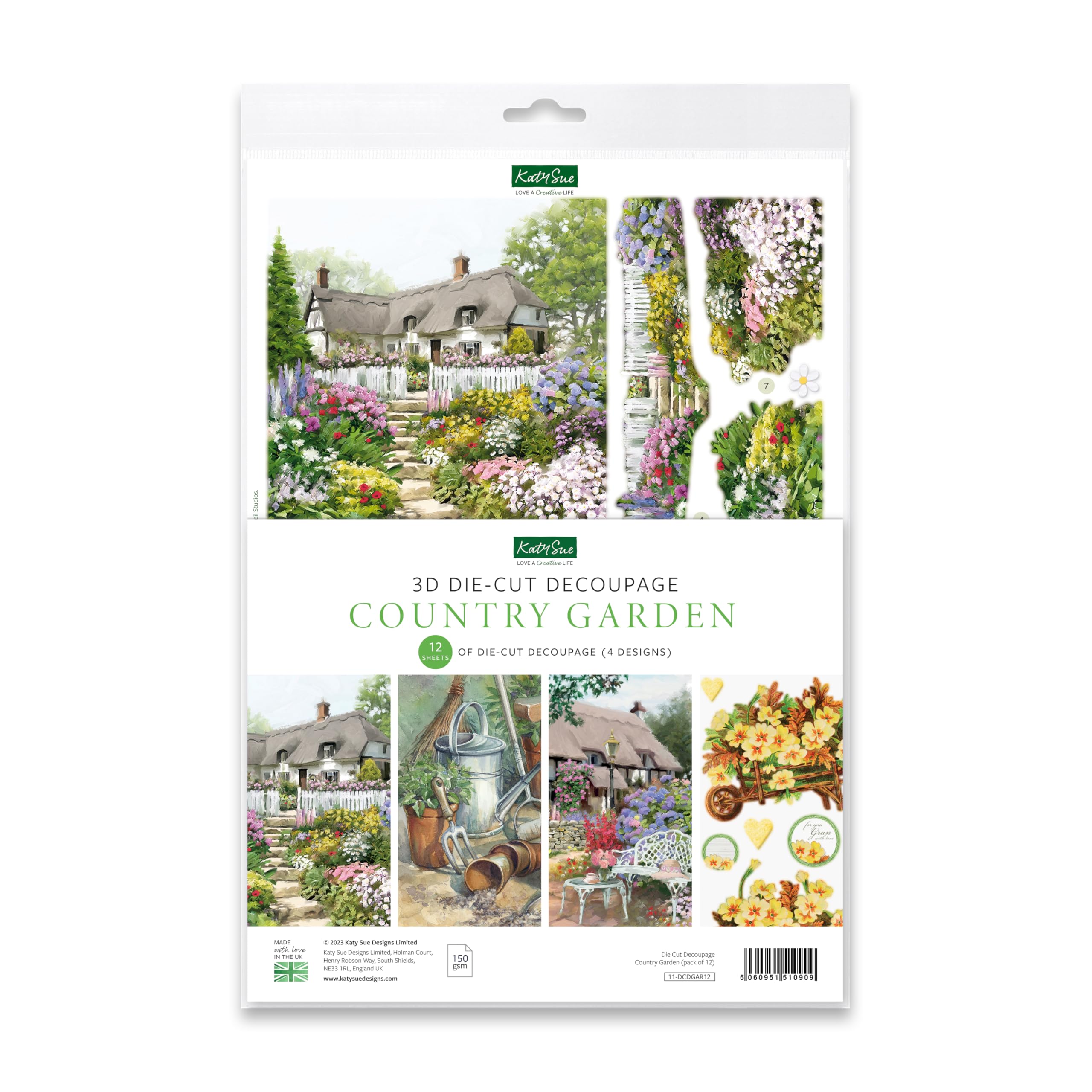 Katy Sue Designs Country Garden 3D Die-Cut Decoupage Sheets for Card Making. A Pack of 12 Sheets of Floral-Themed Die Cuts for Card Making Supplies with Cottages, Gardening, Wheelbarrow, and Flowers.