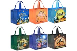 AhfuLife 6 Pcs Halloween Trick or Treat Bags, Halloween Candy Tote Bags with Handles, Reusable Halloween Non-Woven Gift Bags for Halloween Party Supplies Favors (7.8×7.8×5.9’’)