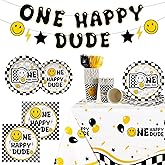 Suttmin 122 Pcs One Happy Dude Birthday Decorations 1st Birthday Party Tableware Set for 24 Guests Include One Happy Dude Plates Cups Napkins Fork Smile Face Tablecloth Banner for Party Decor