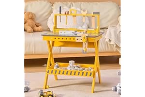 BUDDGO Kids Tool Bench with Sturdy Wood, Toddler Workbench with Realistic Toy Construction Set, Toy Tools Set and Multiple Ceative Pieces for 3-6 Year Old Boys and Girls, Yellow