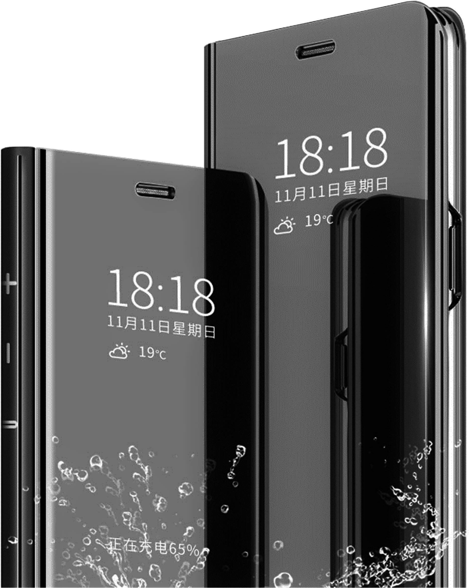MLOTECH Case for Huawei P30 Pro case,Cover + tempered glass Flip Clear View Translucent Standing Cover Mirror Plating Holder Full Body 360°Smart Cover Protection Black