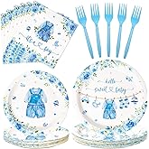 Lianxuia 96Pcs Baby Boy Shower Decorations, Disposable Blue Paper Plates Napkins and Forks Set, It's a Boy Gender Reveal Party Favors for Blue Baby Shower Birthday Party Decors, Serves 24 Guests