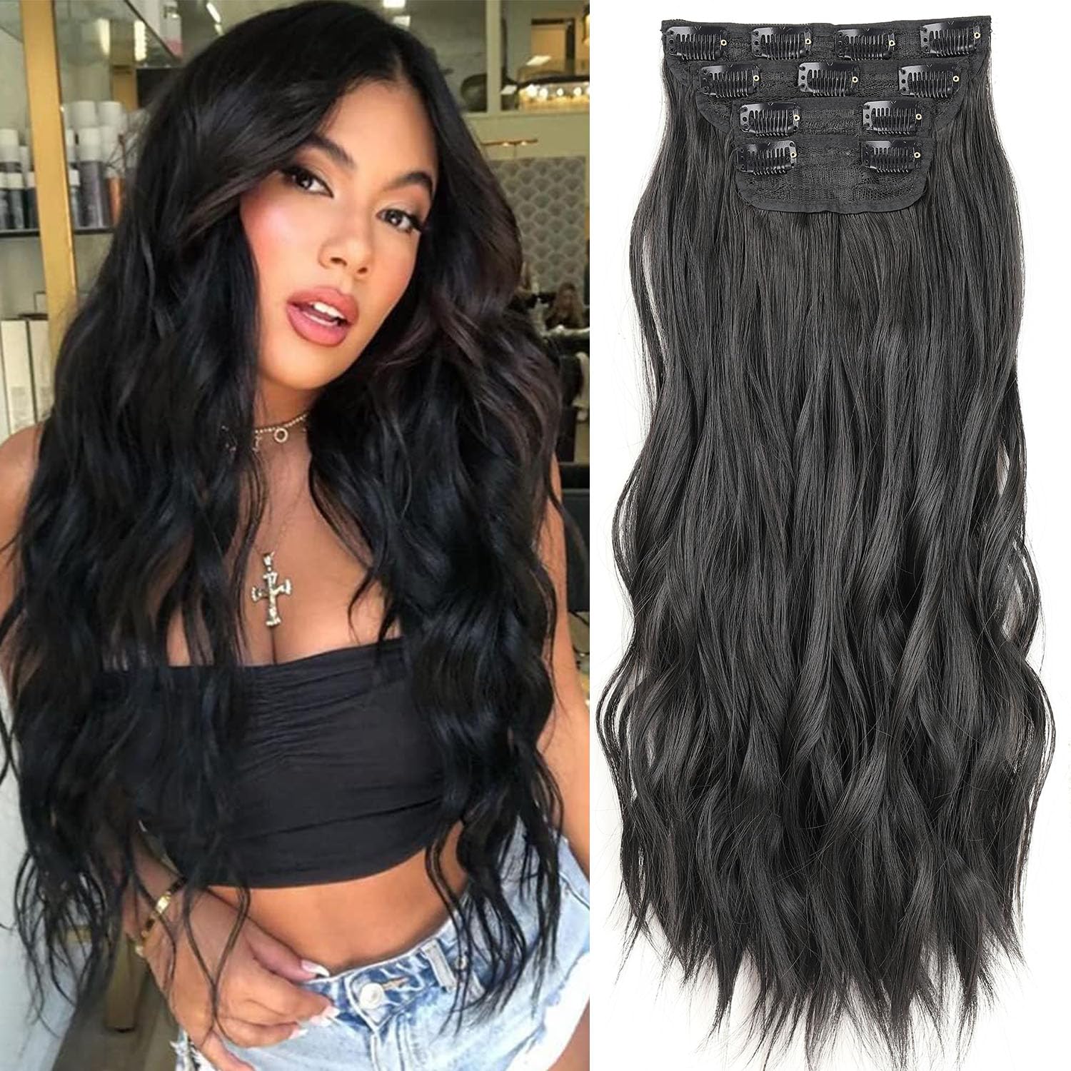 Mscat 24 Inch Wavy Clip in Hair Extensions - Full Head Set, Thick Curly Wavy Synthetic Hair for Women Girls (1B#) — image 1