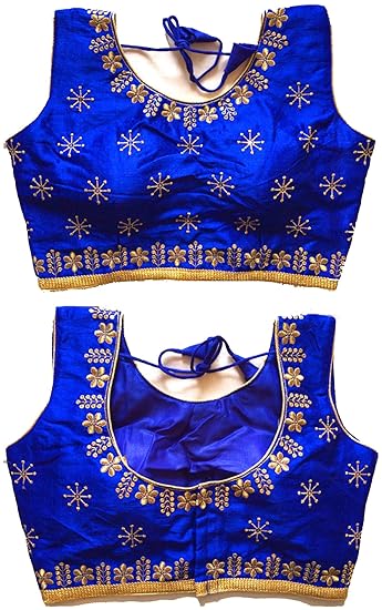 Women's Royal Blue Colour Sequance and Jari Work Readymade sleeveless Blouse (attached sleeves)