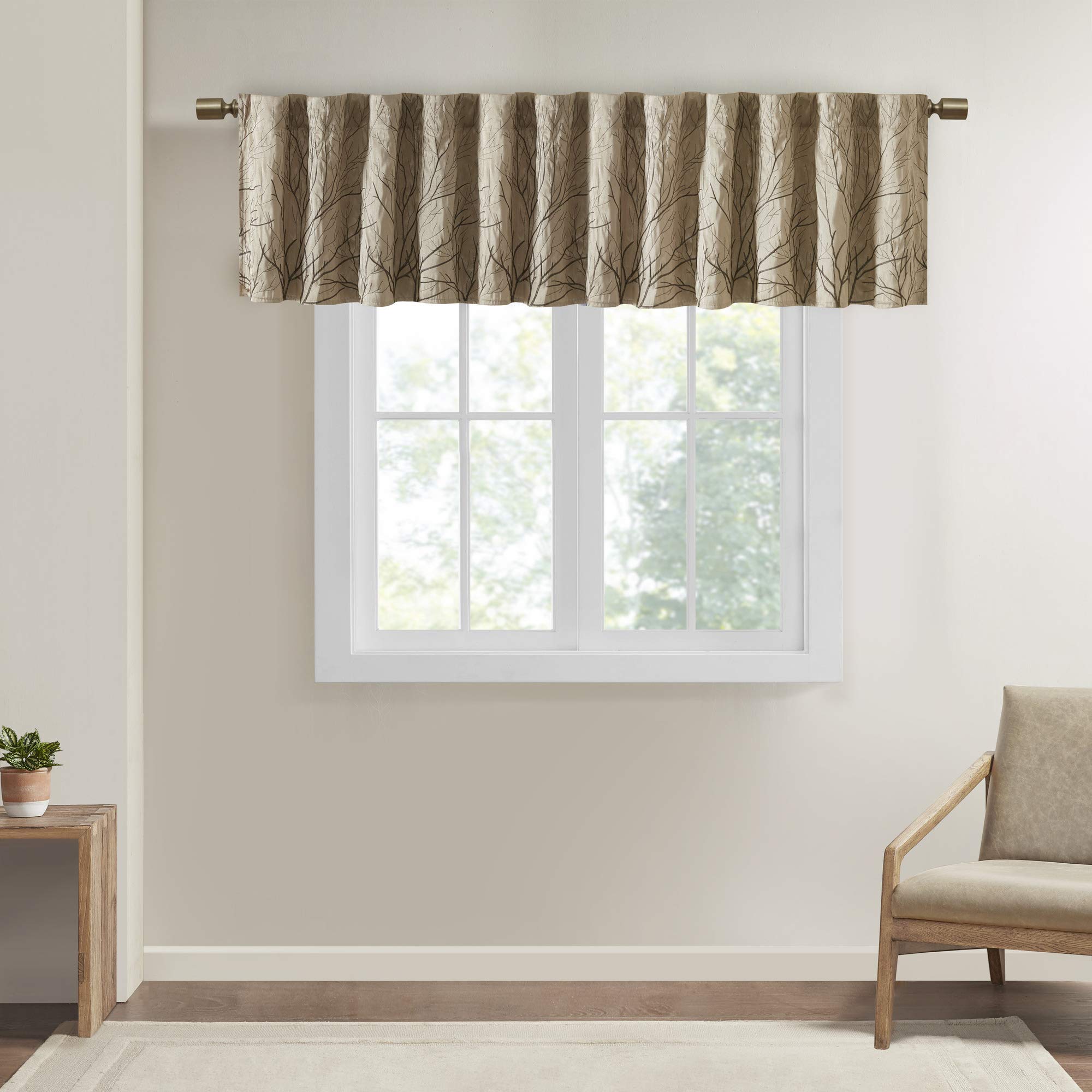 Madison Park Embroidered Back Tab Fabric Window Living Room, Transitional Rod Pocket Light Curtain for Bedroom, 1-Panel Pack, Tan, 50 x 18