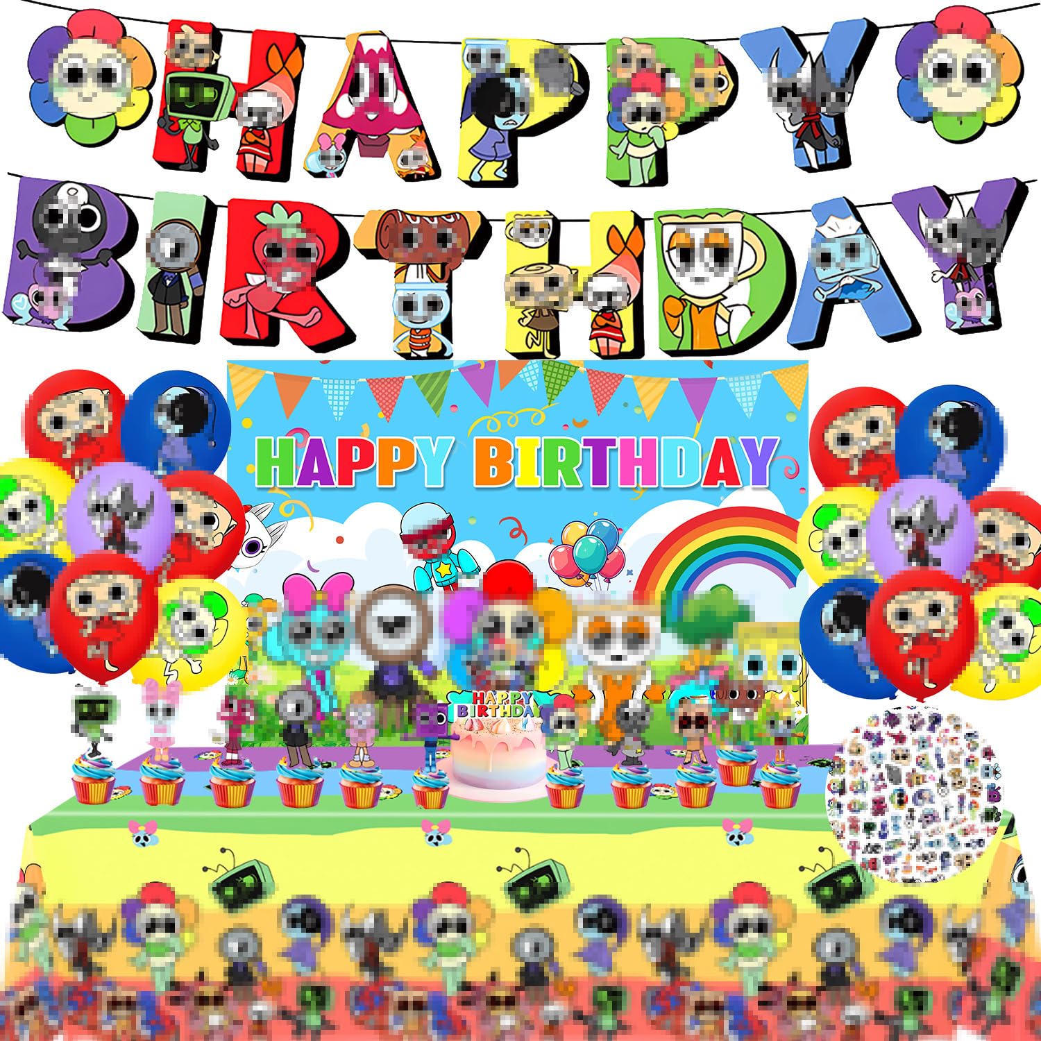 Photo 1 of 146 Pcs Birthday Party Decorations Set - 24 Cake Toppers, 18 Balloons, 1 Happy Birthday Banner, 1 Happy Birthday Back Ground Cloth, 100 Stickers, 1 Large Cake Toppers, 1 Table Cloth