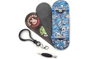 SPITBOARDS® 32 x 96 mm Fingerboard Complete Wood Set-Up Assembled, 5-Layers, Silver Trucks with Bushings and Nuts, Transparent CNC Bearing Wheels, Lasered Foam Grip Tape Blue Mummy Skulls