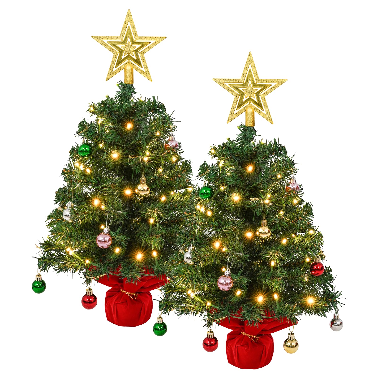 2PCS Small Christmas Tree with Lights, 2ft Mini Tabletop Christmas Tree with Star Topper and Baubles for Home Kitchen Dining Table Decor