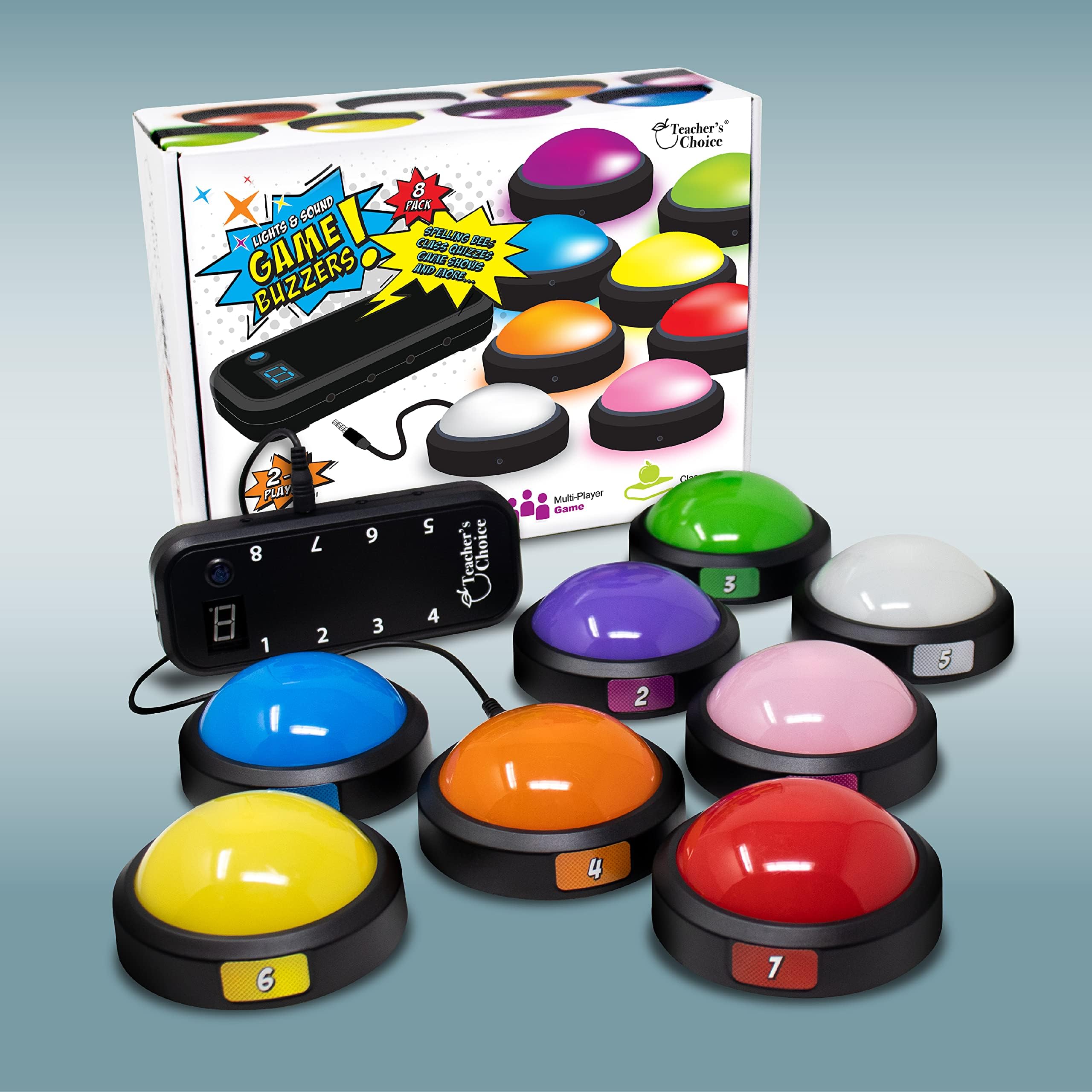 Teacher's Choice Light Up Game Buzzer System, Displays The Winning Player Loud, Unique Sounds for Each Buzzer, Great for Trivia Games, Family Feud, Jeopardy (8 Pack)