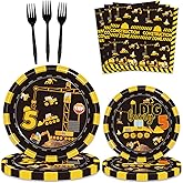 80 Pcs Construction 5th Birthday Party Supplies Dump Truck Theme Five Decorations Tableware Includes Plates, Napkins, Forks for Boys Construction Five Years Old Birthday Party Decorations Favors
