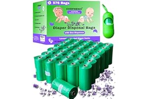 CHEFNENO Baby Diaper Bag Disposable Biodegradable Lavender Scented 32 Refill Rolls with Dispenser (576 Sacks) Diaper Sack Disposable Dog Poop Cat Litter Poop Bags Sanitary Pad Waste Bags (Scented, 576 Bags)