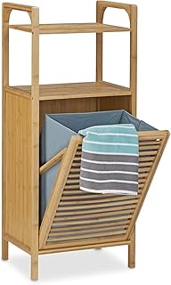 Relaxdays Badregal mit Wäschekorb aus Bambus HBT 95 x 40 x 30 cm Badschrank mit 2 Ablagen für Badaccessoires als Wäschebehälter mit ausklappbarem Wäschesack Wäschetruhe ca. 25 L Wäschebox, natur