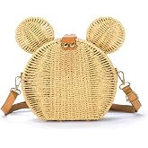 Round Rattan Straw Bag Purse for Women Handmade Cute Mouse Ear Wicker Woven Purse Crossbody Shoulder Bag Handbag
