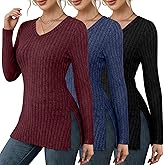 Velvelhall 3 Pack Women's Sweaters V Neck Long Sleeve Shirts Lightweight Slim Fit Tunic Sweatshirts with Side Split(Black, Navy Blue, Wine Red,X-Large)