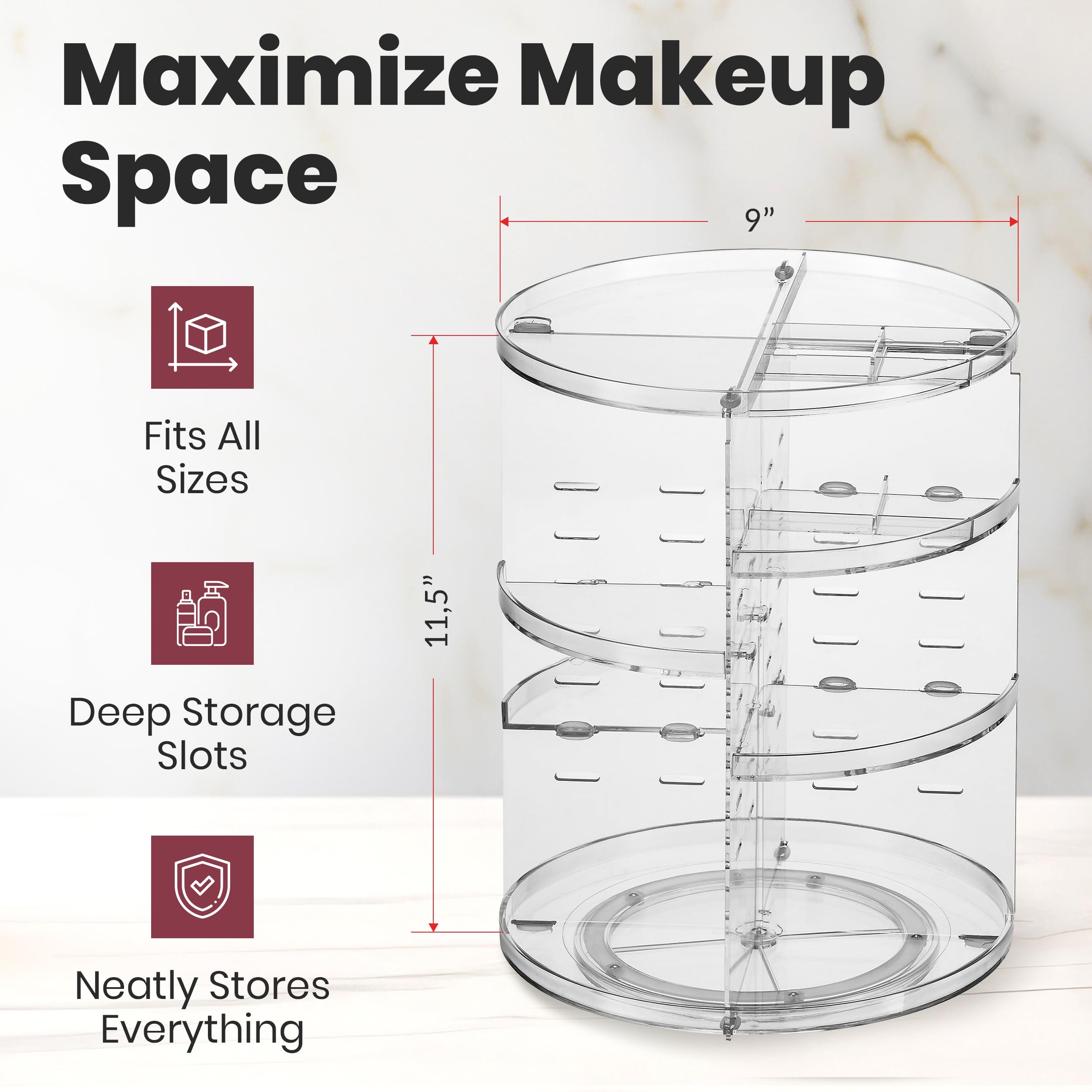 Masirs 360 Rotating Makeup Organizer Countertop - Adjustable Shelf Height - The Perfect Round Spinning Cosmetic Organizer for Bedroom Dresser or Vanity Countertop Storage (Clear)