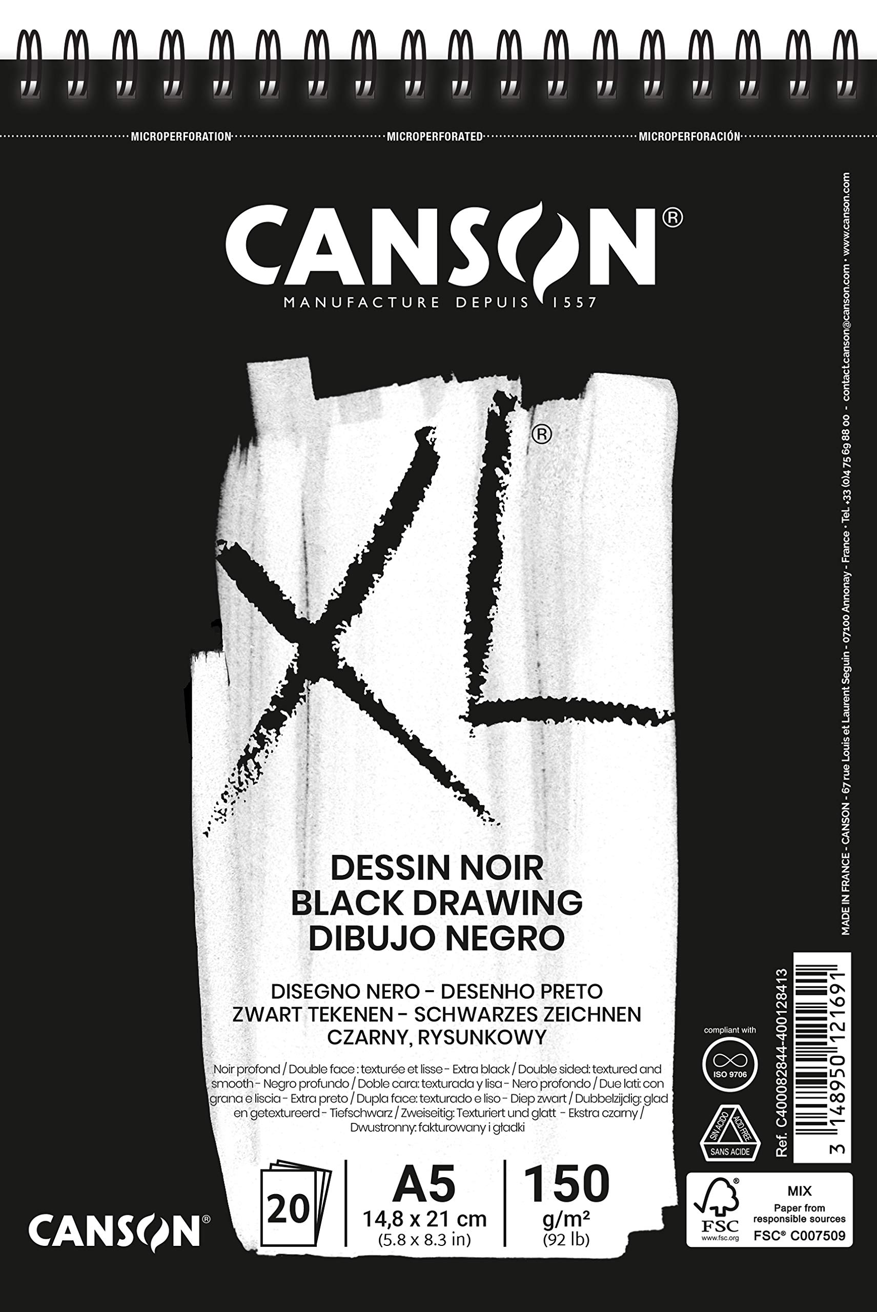 CANSON XL Black Drawing 150gsm A5 Paper, Double Sided: Grained & Smooth, Spiral Pad Short Side, 20 Black Sheets, For Professional Artists & Illustrators — image 1