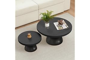 LEVNARY Solid Wood Round Nesting Coffee Table Set of 2, Circle Accent Tables with Unique Semi-Circular Legs, Mid Century Modern Side End Table Set for Small Space Living Room Office (Black)