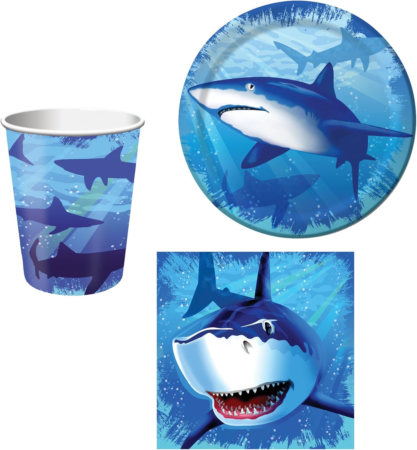 Creative Converting Shark Splash Birthday Party Set: Plates, Napkins, and Cups Kit for 16