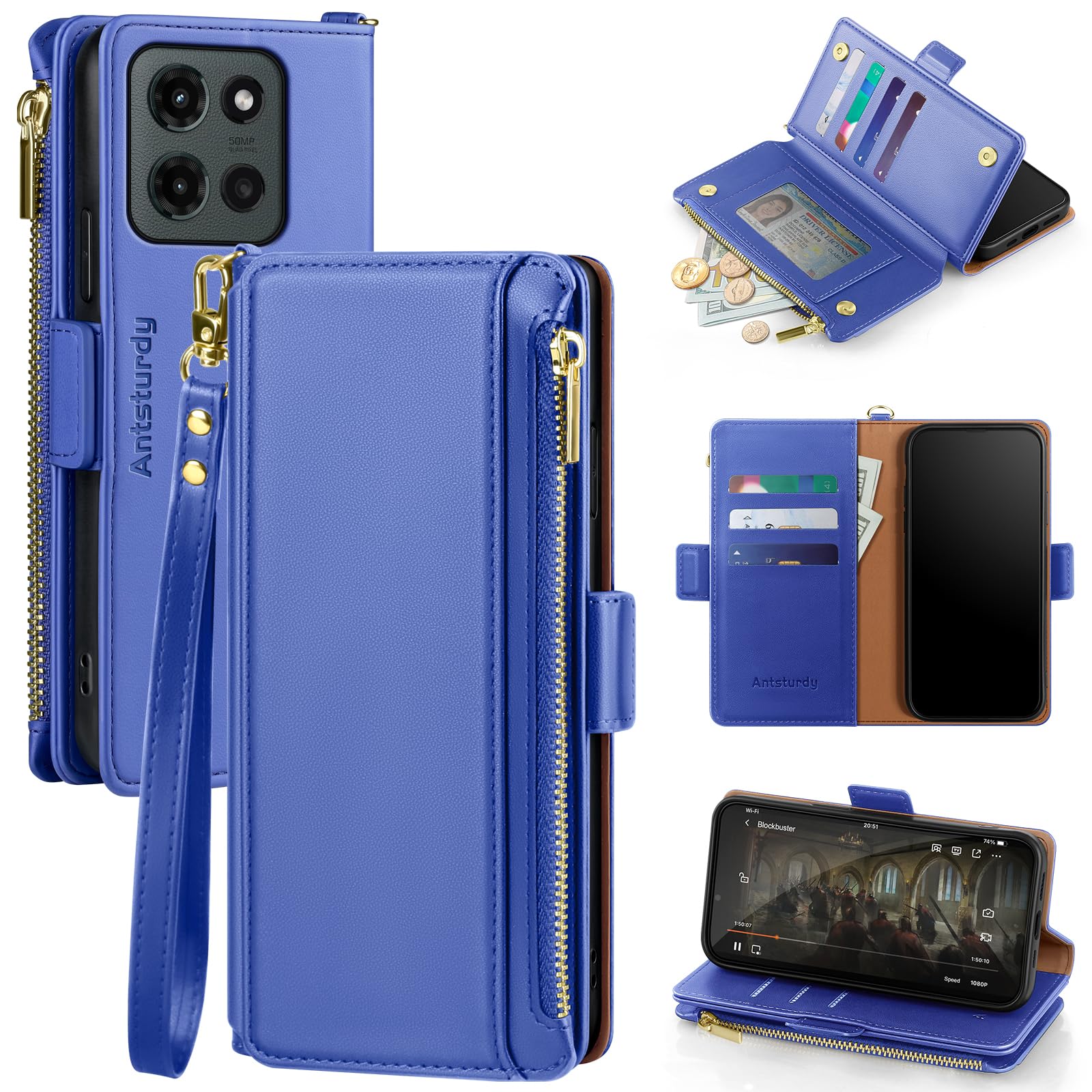 Antsturdy Compatible with Motorola Moto G 2026/2025 / G Play 2026 Wallet Case with Card Holder,Women Men PU Leather Flip Phone Case RFID Blocking Stand Wrist Strap Credit Card Slots,Purple Blue