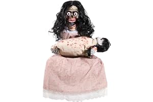 ELAMAS Halloween Animatronics Creepy Sitting Skeleton & Doll Animated Decorations with Sound & Sensor Activated, Sound, Light Up Eyes, Scary Move, Haunted House Holiday Decor Horror Prop for Indoor, Outdoor