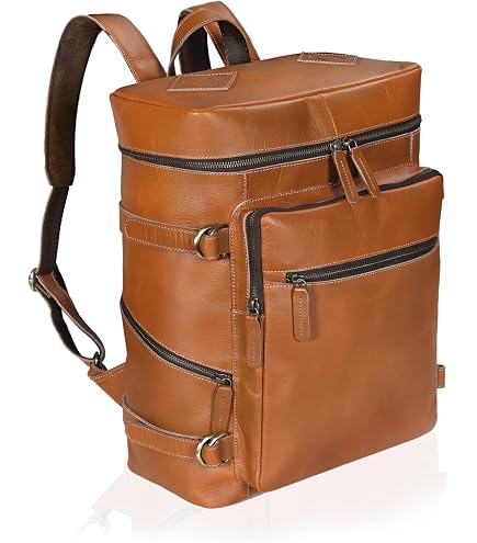 Brown Leather Backpack for Men – 17-inch Genuine Leather Laptop Bag, Vintage Travel Rucksack with Padded Straps, Large Capacity Carry-On for Office, College, Hiking & Airplane Travel : Electronics