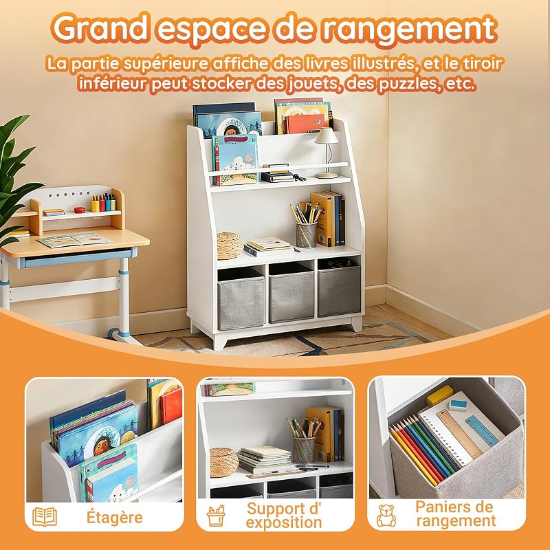 Bibliothèque Enfant 3 Paniers Charge Max. 50kg 63x28x80cm