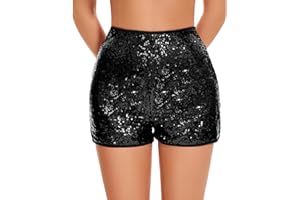 Vinaderhom Women's Sparkle Sequin Shorts Elastic High-Waisted Glitter Booty Shorts for Parties and Festivals