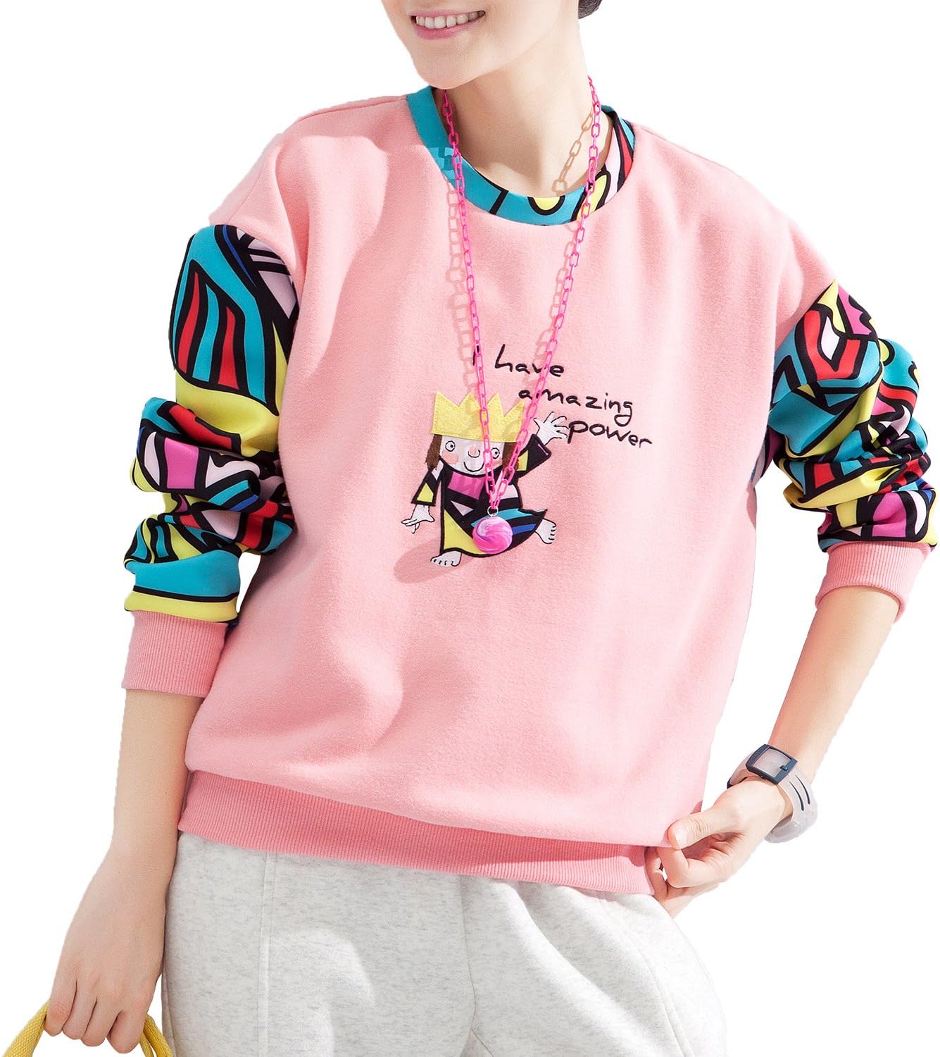 Toyouth Women Harajuku Clothes Crewneck Sweatshirts Cartoon Printed Pullover Tracksuits Long Sleeve Shirt Top