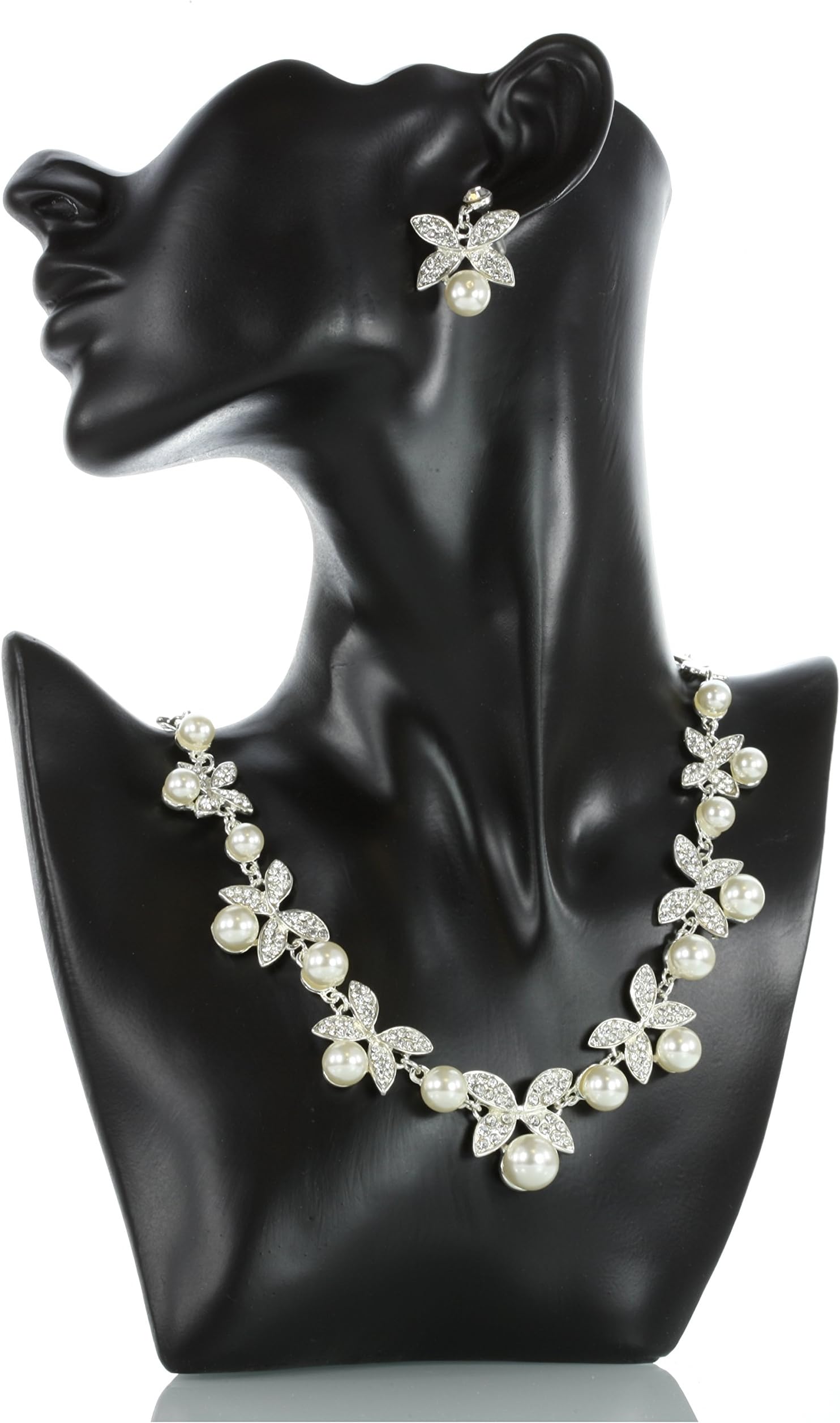 SHMILY Pearl Rhinestone Choker Necklace and Stud Earrings Jewellery Set Wedding Bridal Jewellery Wedding Necklace Silver New KH1001