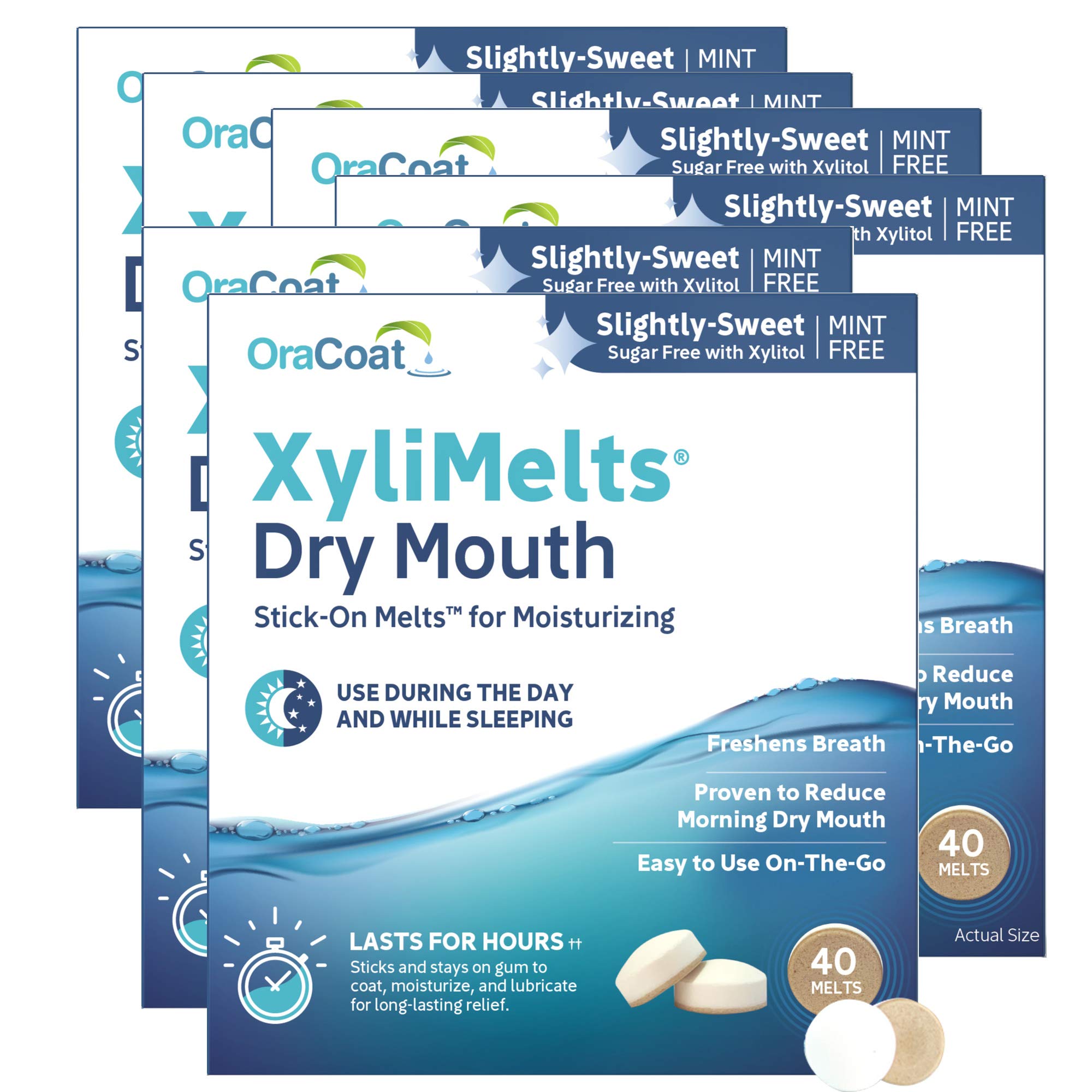 Oracoat XyliMelts for Dry Mouth Night Time or Day - Moisturizing Dry Mouth Adhering Discs, Sugar Free with Xylitol, 40 Count - 6 Pack, Slightly-Sweet Flavor, 8-Hour Relief Image Oracoat XyliMelts for Dry Mouth Night Time or Day - Moisturizing Dry Mouth Adhering Discs, Sugar Free with Xylitol, 40 Count - 6 Pack, Slightly-Sweet Flavor, 8-Hour Relief Image