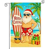 HOMETITUTE Merry Christmas Garden Flag 12x18 Inch Welcome Garden Flags Burlap Double-Sided Beach Santa Surfboard Pineapple Gifts Seasonal Outdoor Holiday Banner Winter Flag for Yard Lawn Decoration
