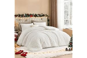 Andency Fluffy Sherpa Queen Comforter Set, Super Soft White Fleece Warm Bedding for Winter, Luxury Jacquard Boho Thick Fuzzy 