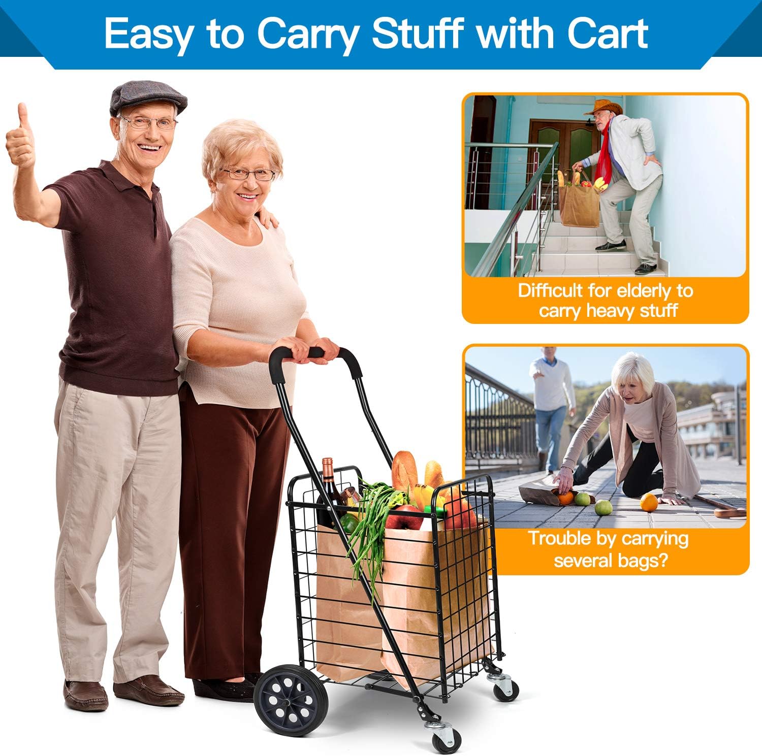 Pipishell Shopping Cart with Dual Swivel Wheels for Groceries - Compact Folding Portable Cart Saves Space - with Adjustable Handle Height - Lightweight Easy to Move Trolley Holds up to 70L/Max 66Ibs: Home & Kitchen