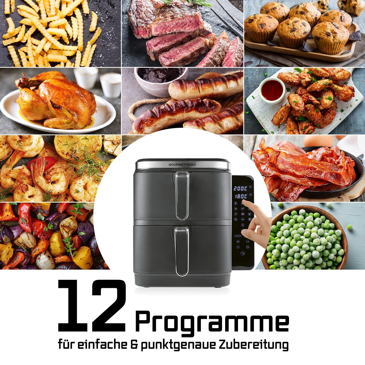 GOURMETmaxx FryUp Vertikale Doppelkammer Heißluftfritteuse | vertikaler Airfryer | klappbares Touchdisplay | 32% platzsparender | Fassungsvermögen 10L | Heißluftfritteuse 2 Kammern 9