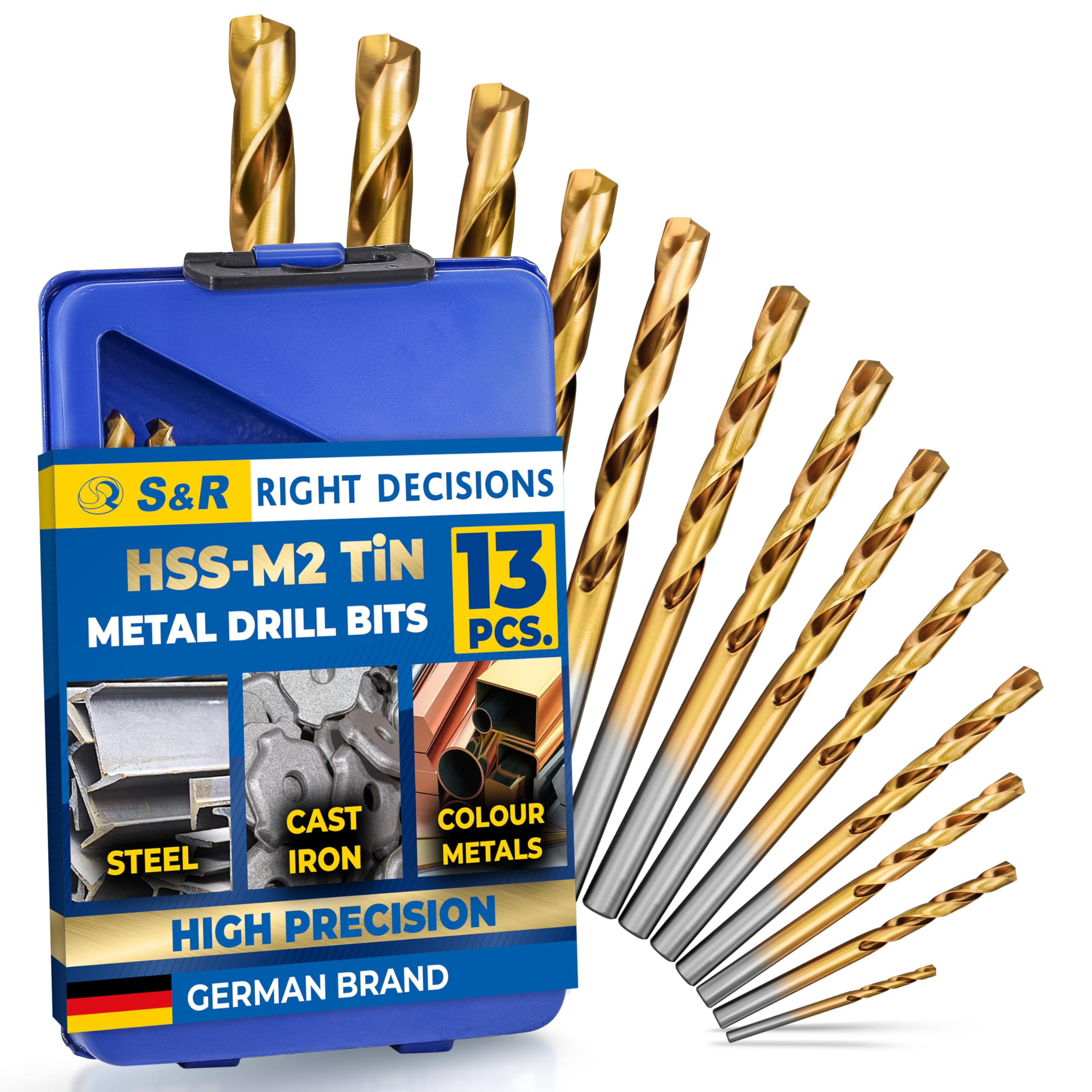 S&R Metal Drill Bit Set 1.5–6.5 mm – 13-Piece HSS Titanium-Coated | 135° Split Point | DIN 338 | Polished Finish | Professional Quality in Metal Box