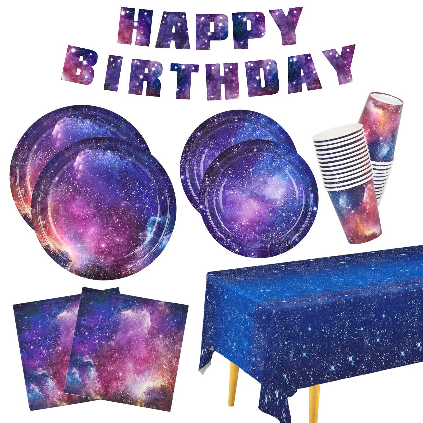 Photo 1 of Galaxy Party Starry Night Supplies Tableware Set Outer Space Theme Galaxy Birthday Party Decorations, Includes Paper Plates Napkins Cups Tablecloth, Serves for 25