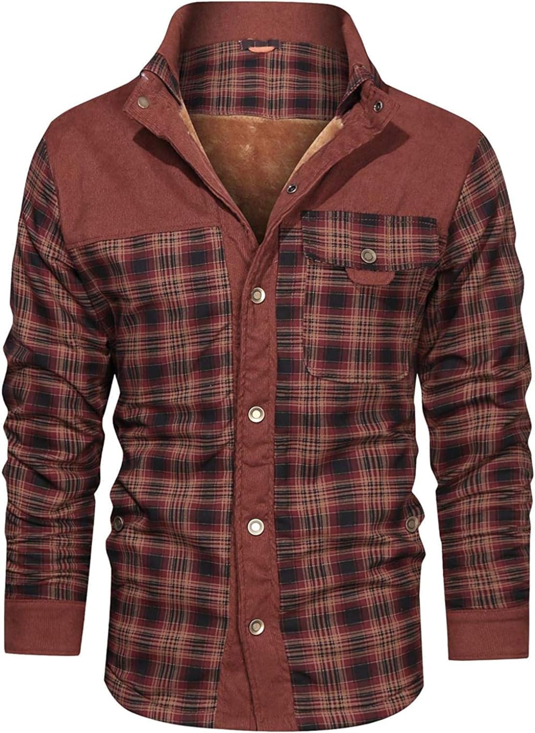 ZHIHUI Men's Winter Thick Fuzzy Sherpa Lined Corduroy Plaid Button Up Flannel Shirt Jacket