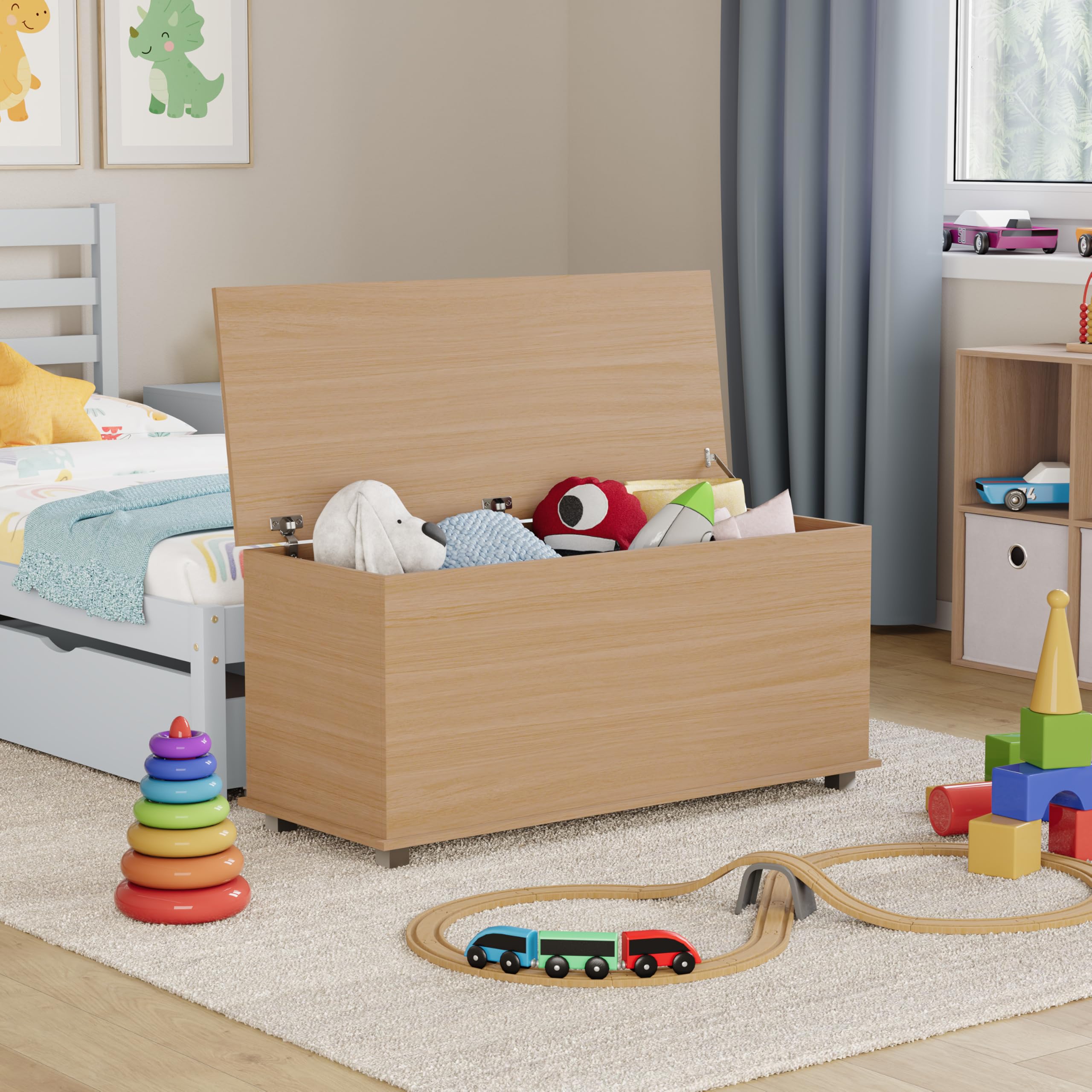 Vida Designs Leon Toy Box, Wooden Children's Storage Chest with Lid, Covers and Blankets, Kids Tidy Bin (Pine)