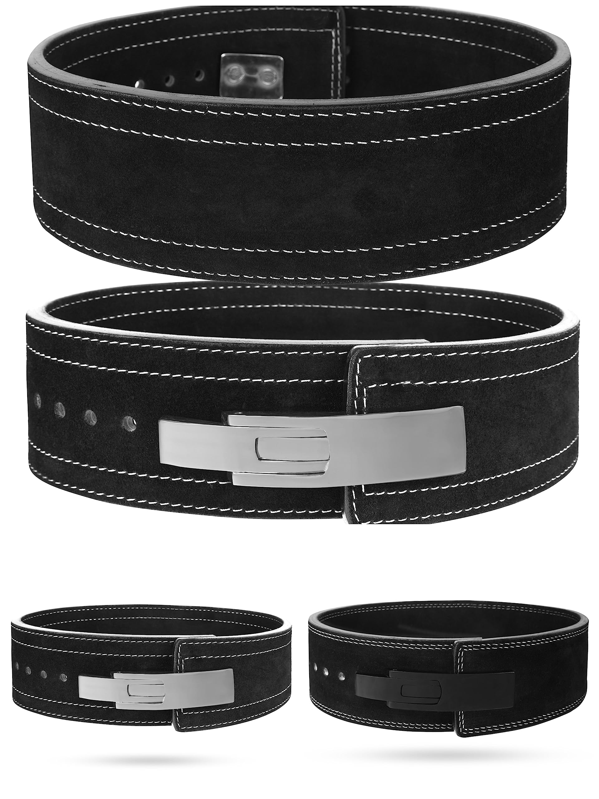 Cow Hide Leather Gym Weight Lifting Lever Buckle Powerlifting Belt Fitness Exercise Bodybuilding (Medium, Black/White)