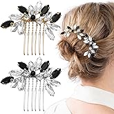 2Pcs Crystal Wedding Hair Combs Small Black White Teardrop Rhinestone Headpiece Vintage Onyx Bridal Side Combs Bridesmaids Wedding Party Accessories for Women and Girls