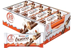 Kinder Bueno Milk Chocolate and Hazelnut Cream, Bulk 20 Pack, 2 Individually Wrapped Chocolate Bars Per Pack, 30 oz