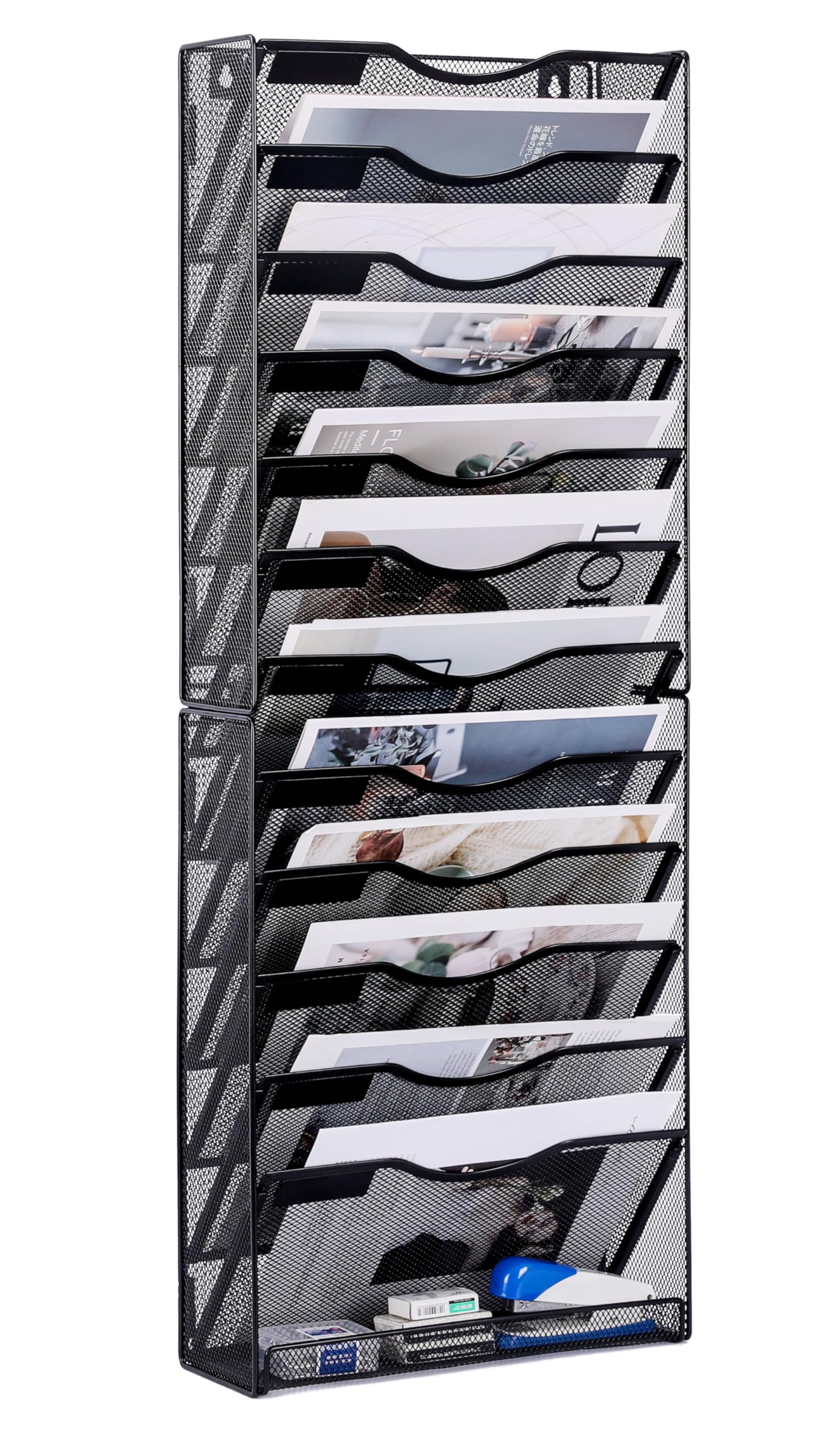 TQVAI Metal 12 Tier Wall File Holder Mesh Wall Mounted Magazine Rack Desk Stationary Tidy Organiser in Tray for Office School Accessories, Black