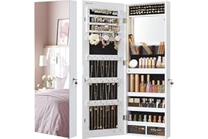 SONGMICS Mirror Jewelry Cabinet Armoire Organizer, Wall or Door Mount Storage Cabinet with Full-Length Frameless Lighted Mirror, Built-in Makeup Mirror, 2 Drawers, Lockable, White UJJC013W01