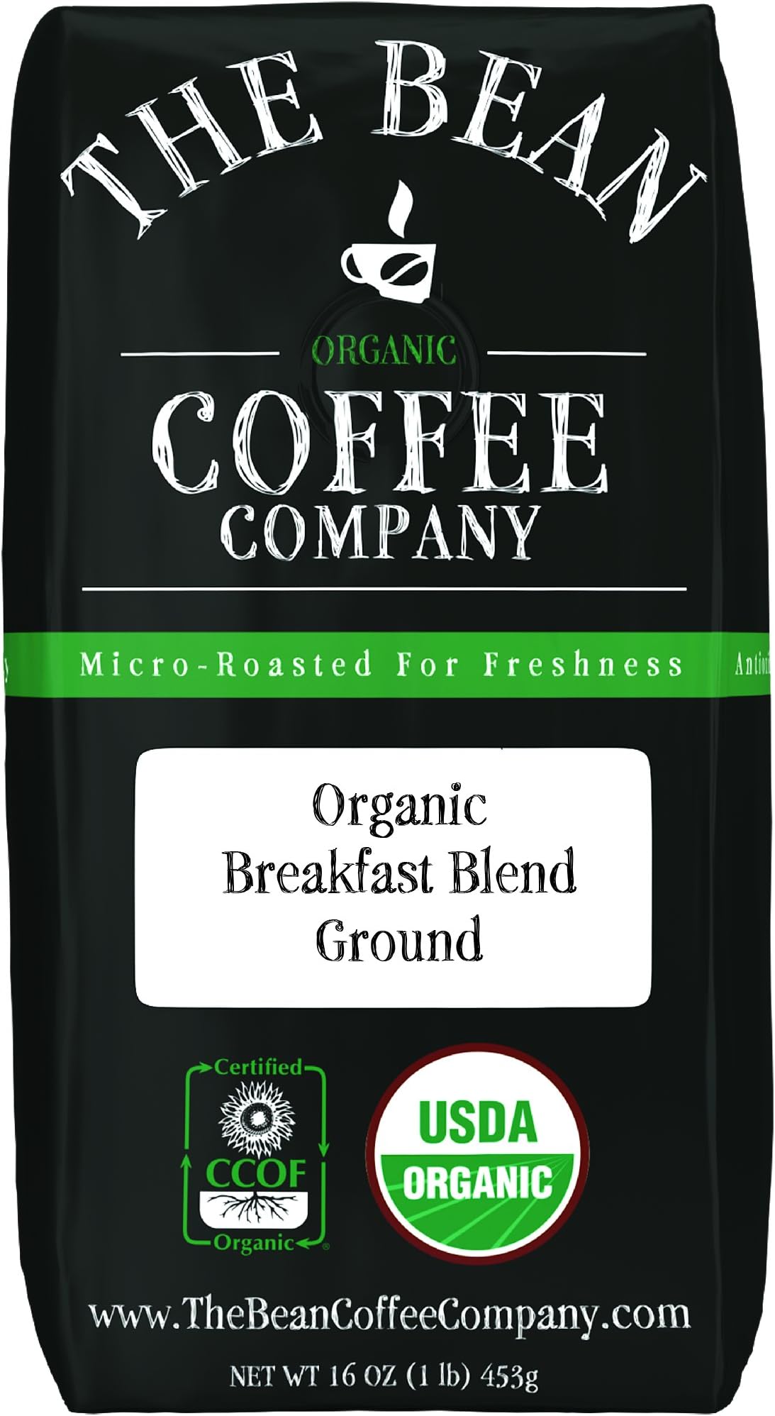 The Bean Organic Coffee Company Breakfast Blend, Medium Dark Roast, Ground Coffee, 16-Ounce Bag,Café molido tostado organicoUSDA Organic