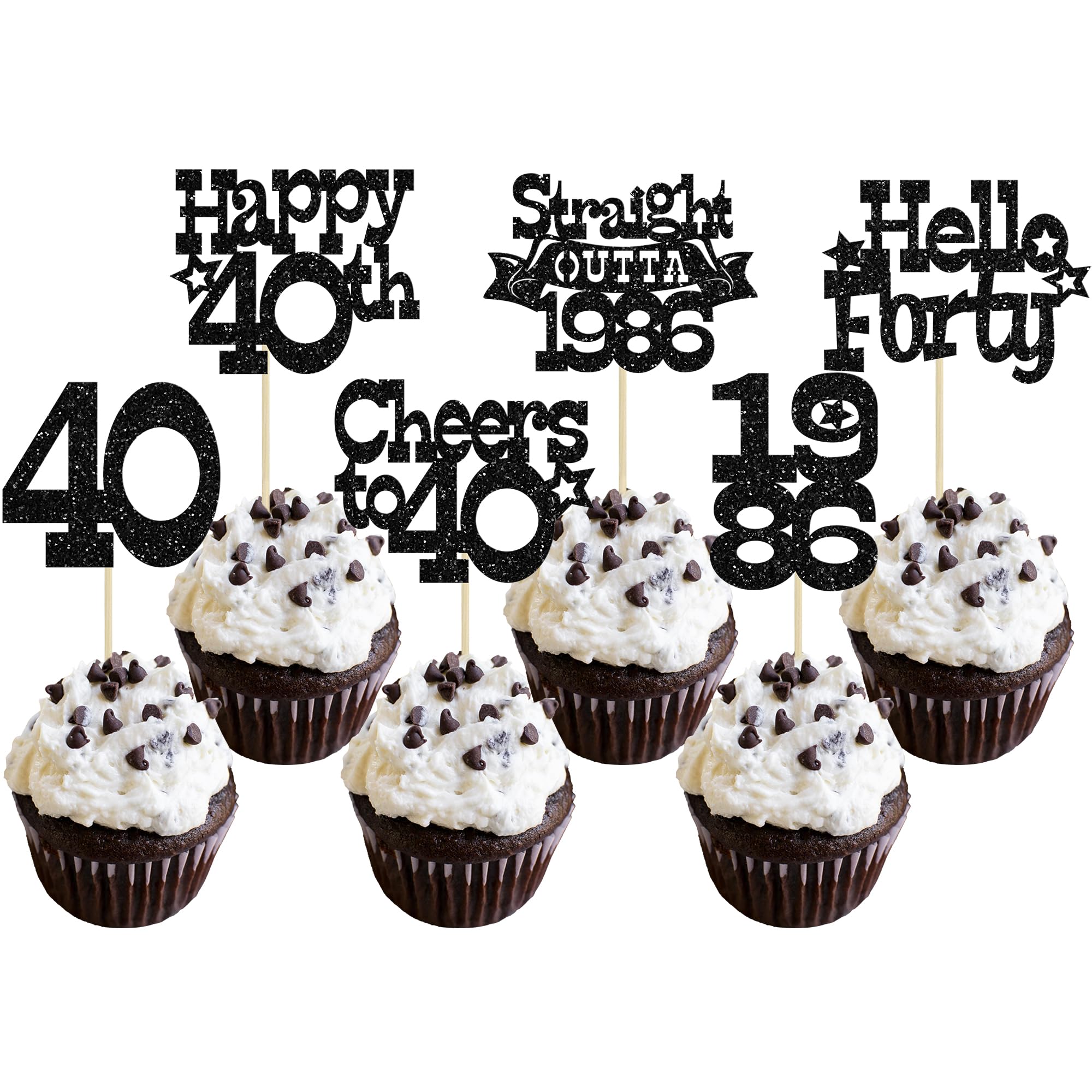 Ephlyn 30Pcs Straight Outta 1986 Cupcake Toppers Glitter Forty Happy 40th Birthday Cupcake Picks Cheers to 40 Years Cake Decorations for Happy 40th Birthday Anniversary Party Supplies Black