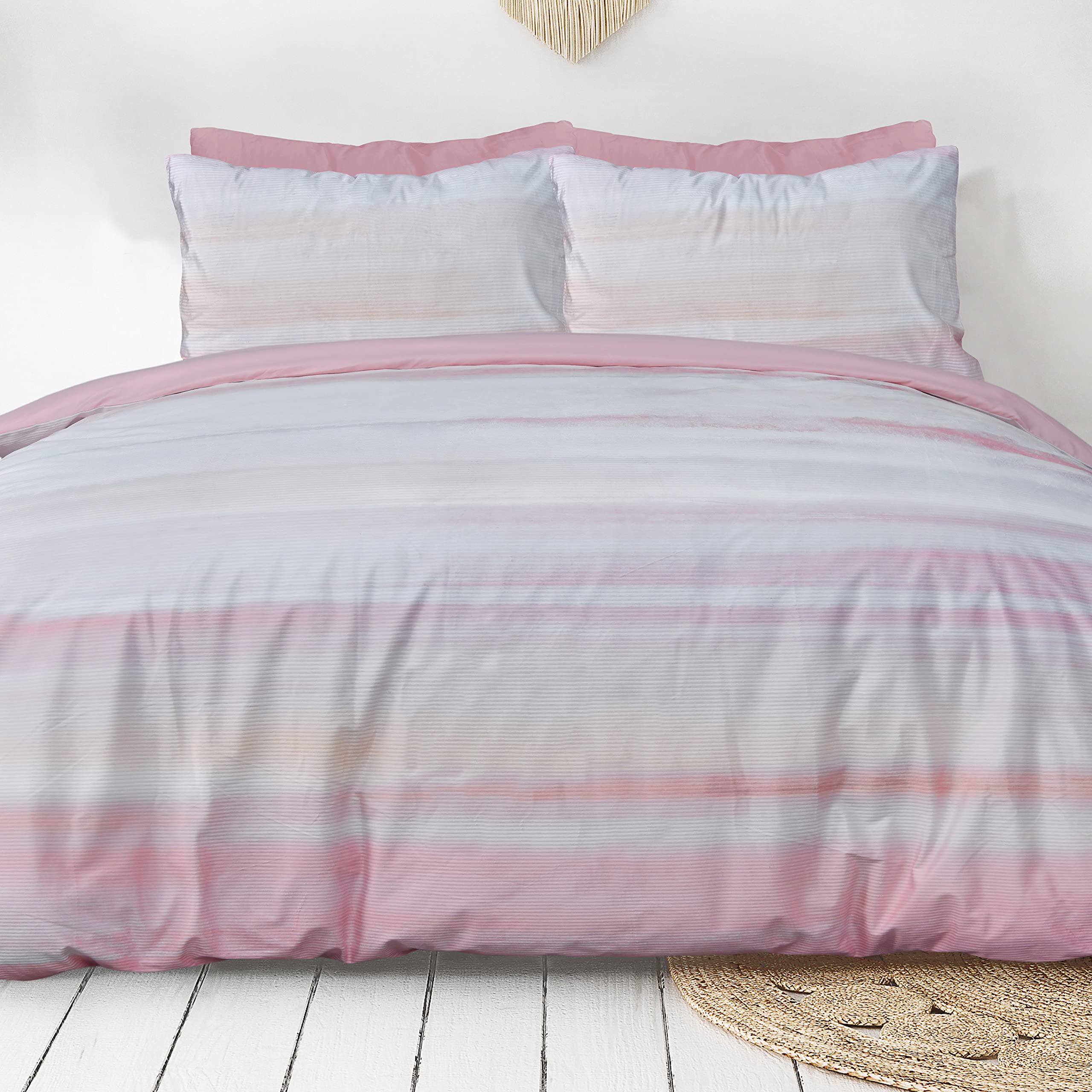 Sleepdown Ribbed Velvet Inky Wash Blush Pink Plain Reverse Duvet Cover Quilt Pillow Cases Bedding Set Soft Easy Care - Double (200cm x 200cm,5056242893844