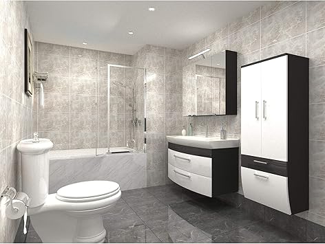 Badmobelset Salle De Bain Avec Grand Lavabo En Fonte Minerale Armoire Miroir Et Grande Armoire Haute Blanc Anthracite Amazon Fr Cuisine Maison